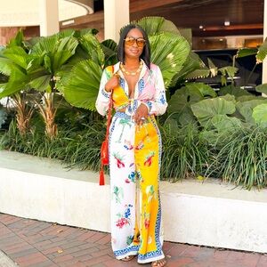 Tropical Print Long Sleeve Blouse and Pants